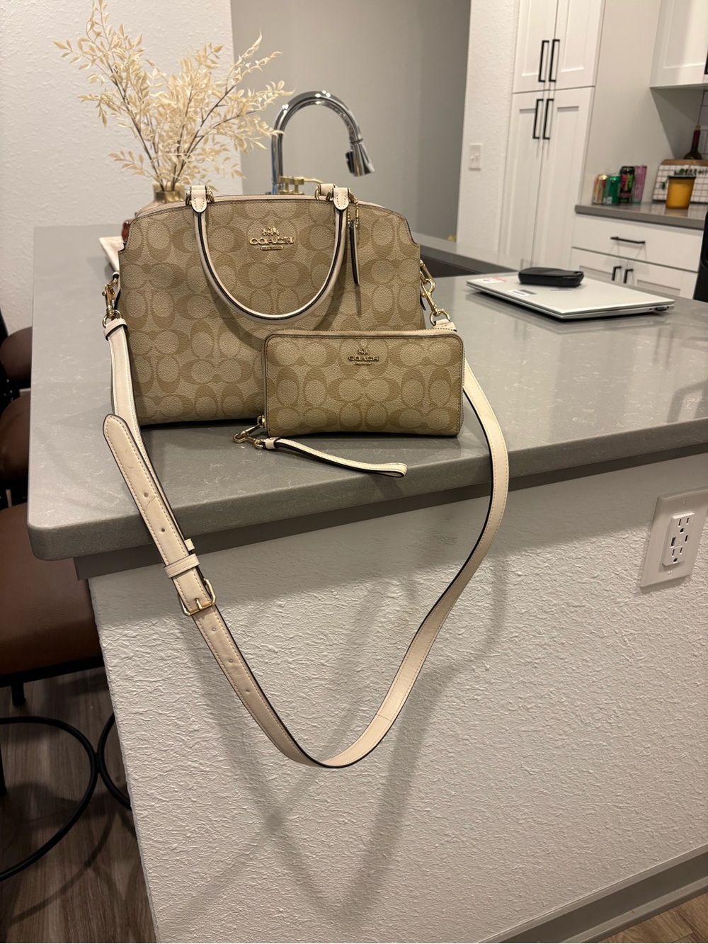 Coach Beige Signature Satchel with Cream Trim and Gold Hardware
